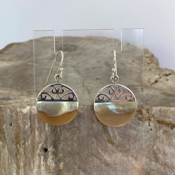 Sterling Silver 925 Round Mother Of Pearl MOP Scrollwork Accent Dangle Earrings - Picture 7 of 16